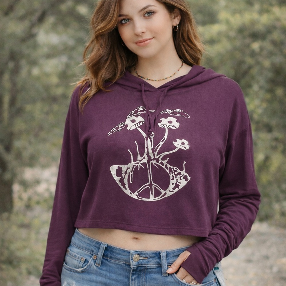NWT Kathmandu Imports‎ Womens Boho Hoodie Shirt Sz M Purple Crop Mushrooms Peace